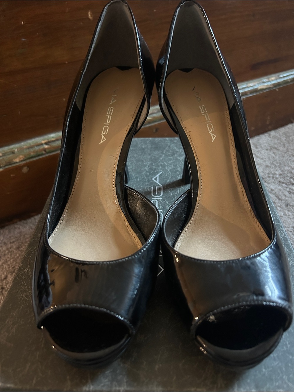 Via Spiga Black Patent Peep-Toe Heels